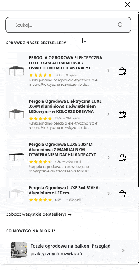 Wysuwana wyszukiwarka z podpowiedziami produktów w Modern 3.0