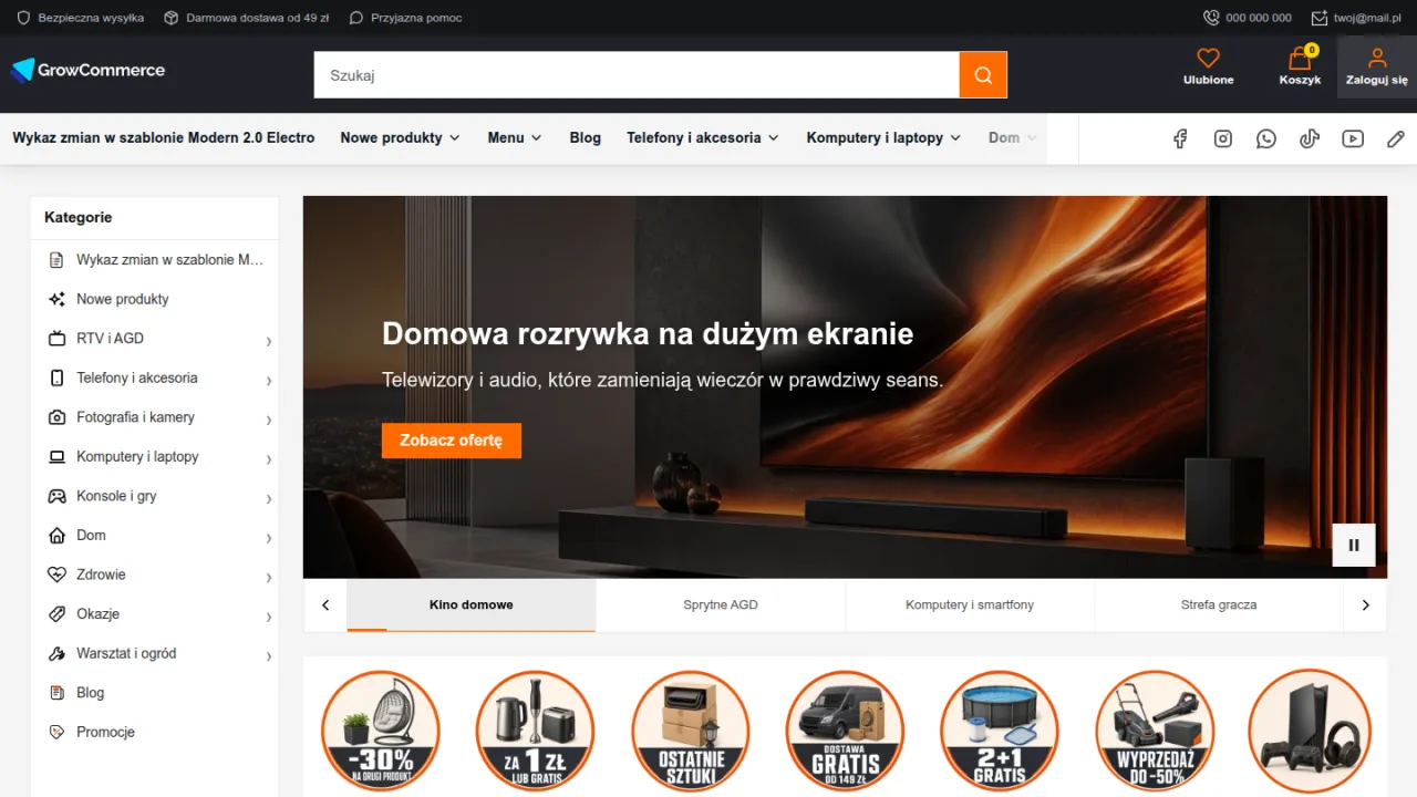 Strona główna sklepu demonstracyjnego Modern 2.0 Electro z gęstym menu kategorii i ofertą RTV