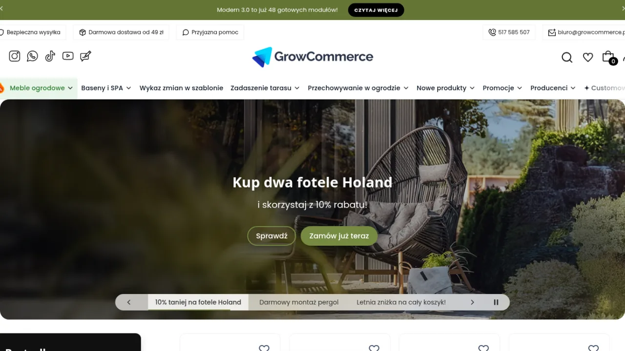 Strona główna sklepu demonstracyjnego Modern 3.0 Storefront z dużym sliderem, nawigacją i produktami