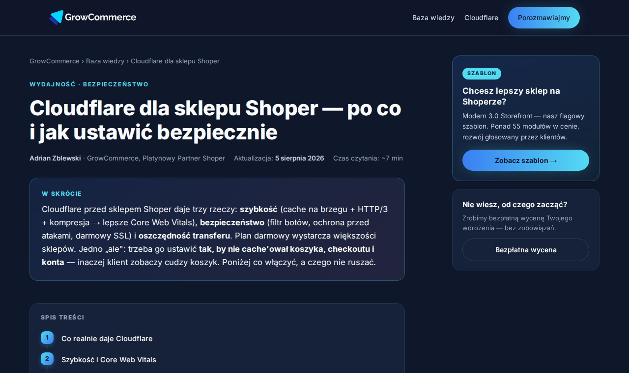 Przewodnik GrowCommerce: Cloudflare dla sklepu Shoper — wydajność i bezpieczeństwo