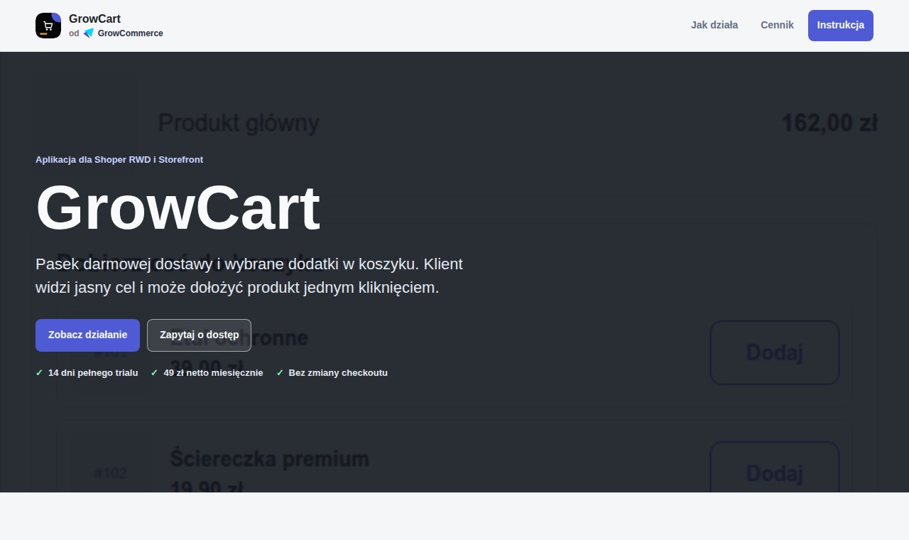 GrowCart — cross-sell i upsell w sklepie Shoper, landing GrowCommerce