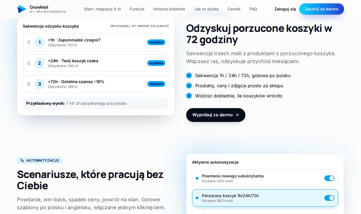 Sekwencja odzysku porzuconego koszyka 1h, 24h i 72h w GrowMail dla sklepu Shoper