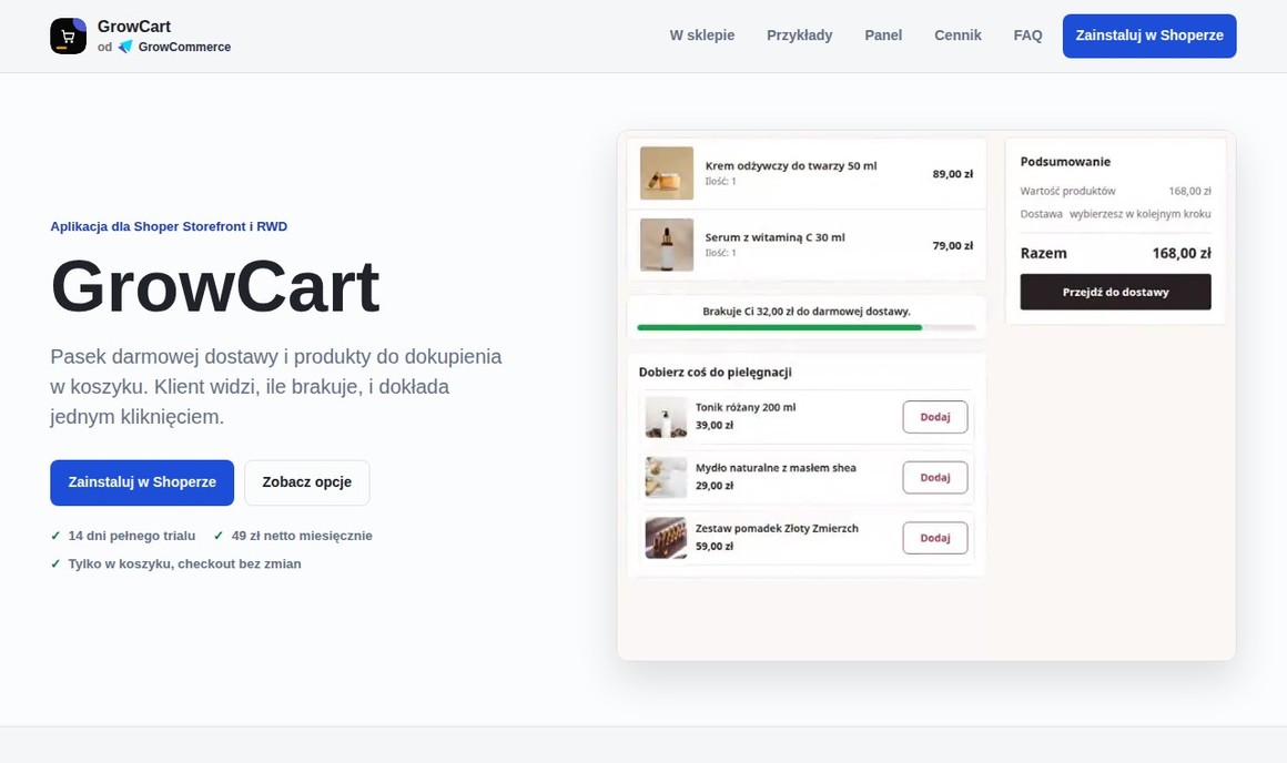 GrowCart — cross-sell i pasek progu w koszyku Shoper