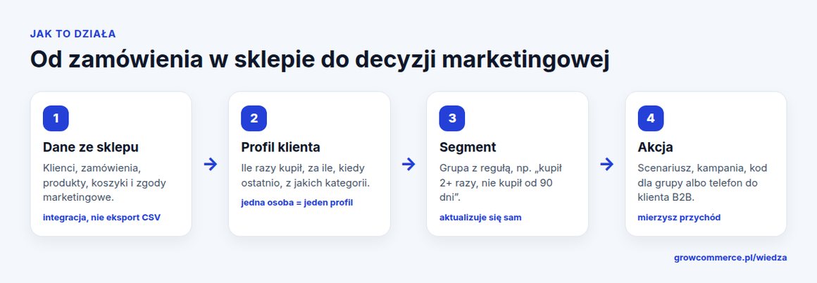 Schemat CRM marketingowego w sklepie: dane ze sklepu, profil klienta, segment, akcja