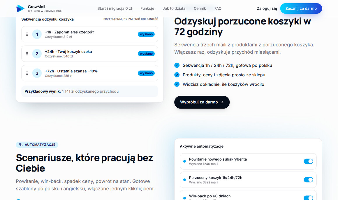Landing GrowMail: odzysk porzuconych koszyków w sekwencji 72 godzin