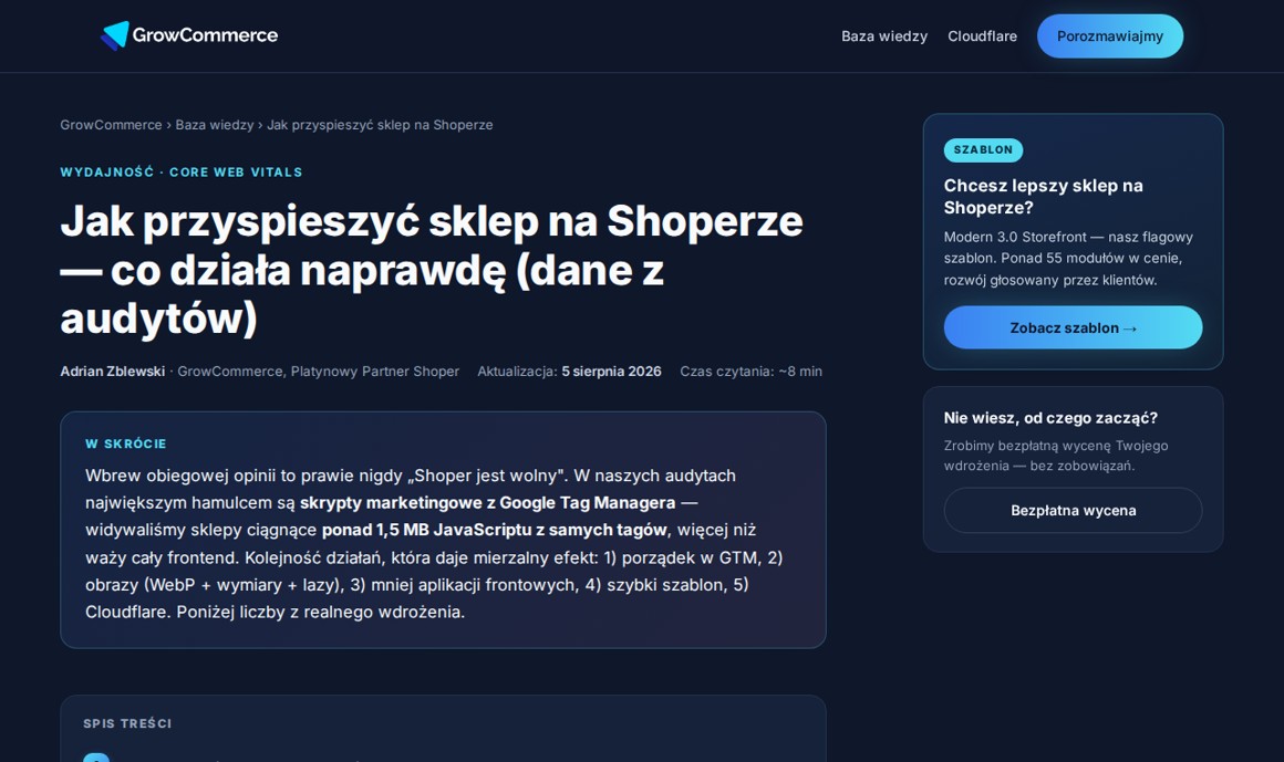 Fragment poradnika GrowCommerce o przyspieszeniu sklepu Shoper z metrykami LCP INP CLS
