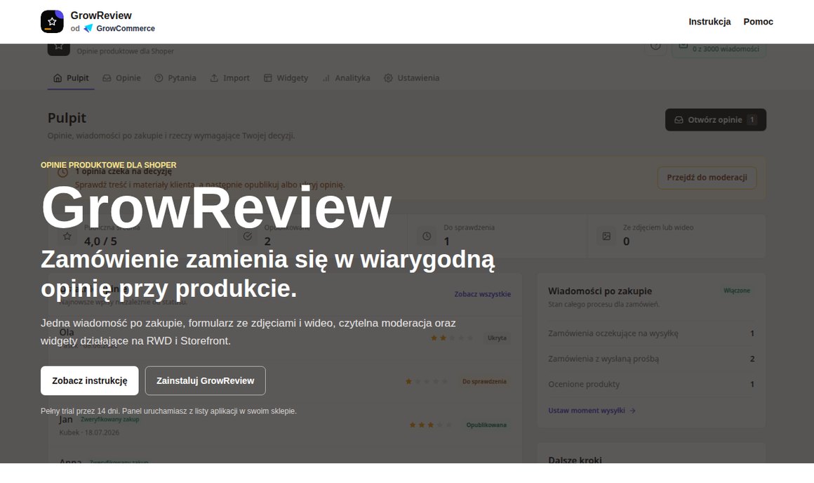 Landing GrowReview: opinie produktowe po zakupie, moderacja i widgety dla Shoper