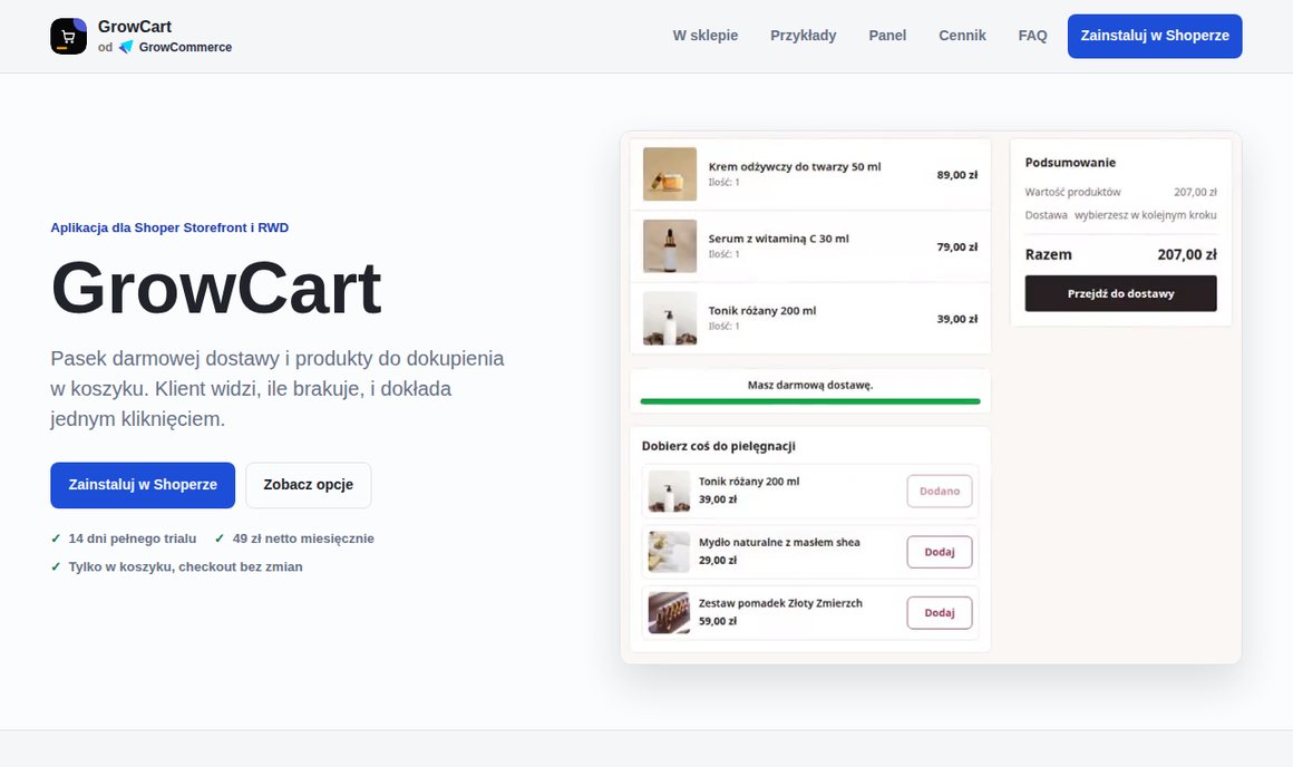 GrowCart — pasek darmowej dostawy i produkty do dokupienia w koszyku Shoper
