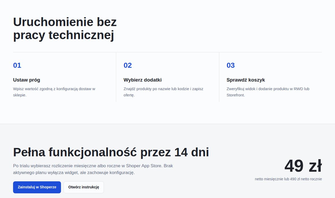 GrowCart — uruchomienie bez pracy technicznej: próg, dodatki, test koszyka