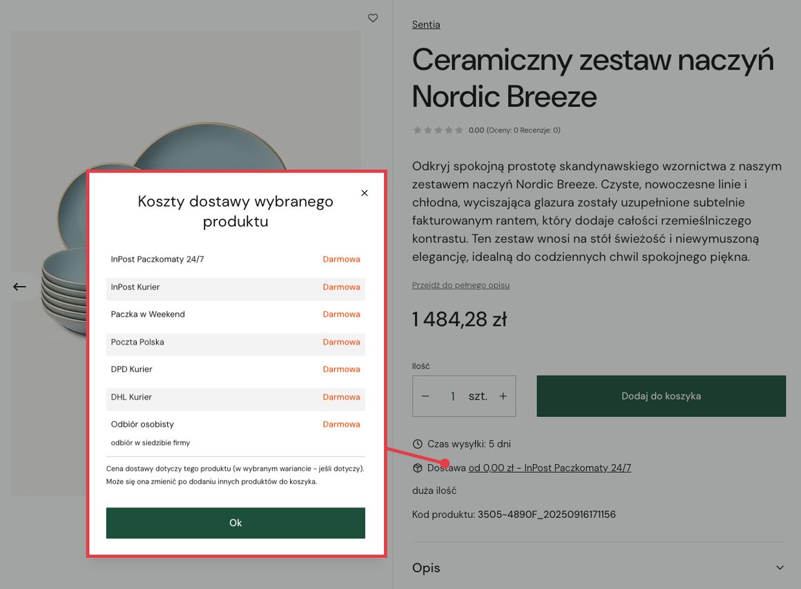 Moduł Koszty dostawy na karcie produktu w szablonie Storefront