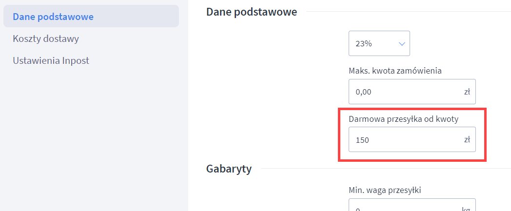 Pole Darmowa przesyłka od kwoty w edycji formy dostawy Shoper