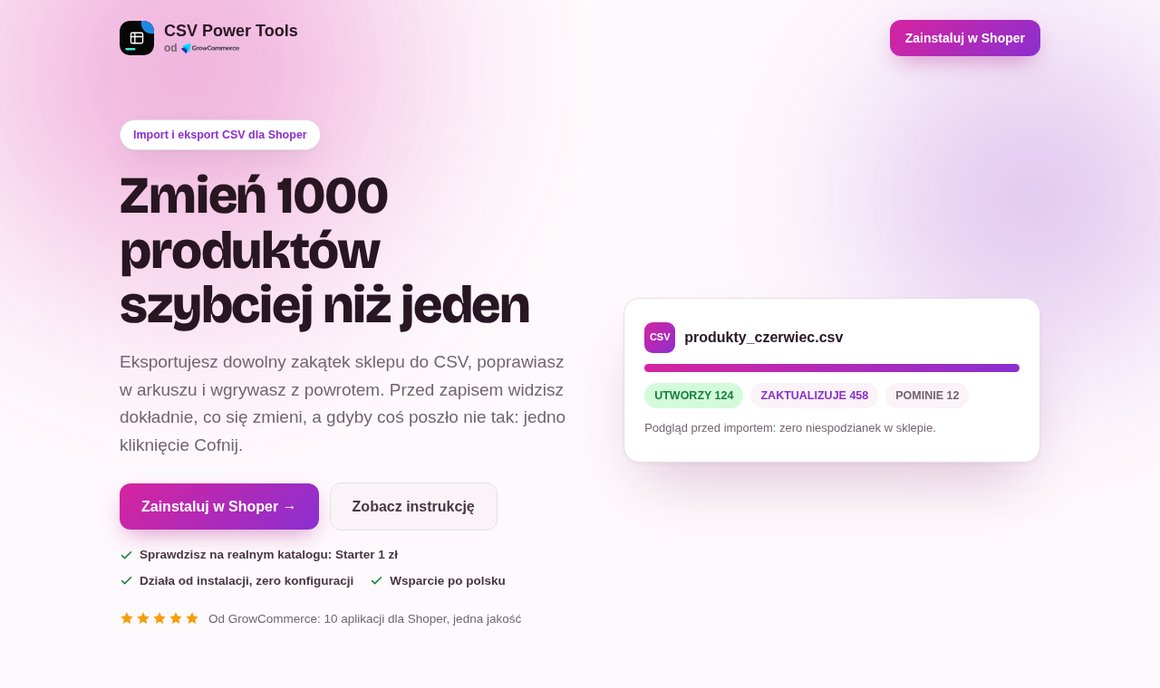 Landing CSV Power Tools od GrowCommerce: import i eksport CSV dla Shopera z podglądem zmian przed zapisem