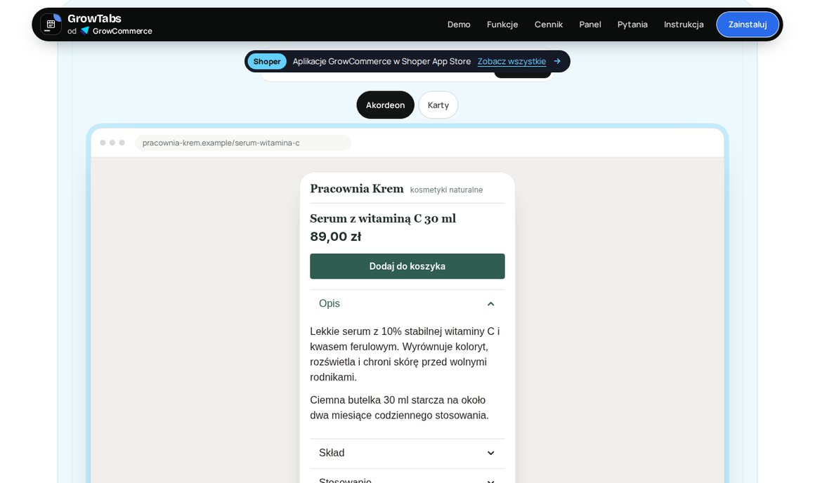 GrowTabs — akordeon zamiast zakładek na karcie produktu na telefonie