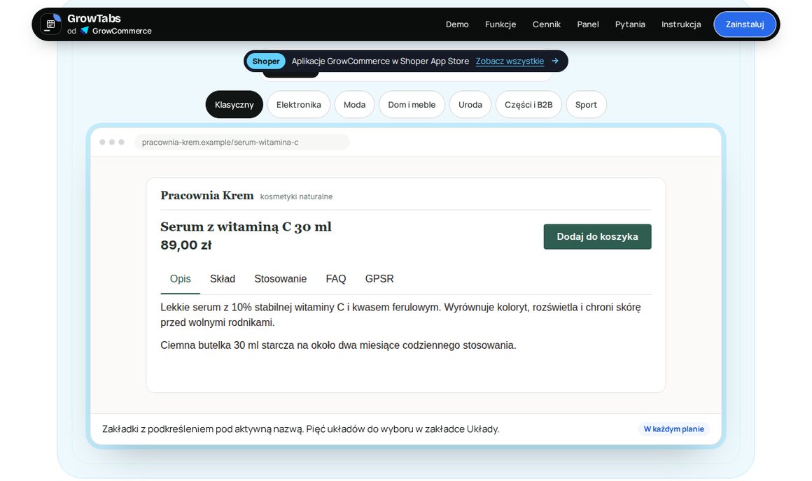 GrowTabs — zakładki Opis, Skład, Stosowanie, FAQ i GPSR na karcie produktu w sklepie Shoper