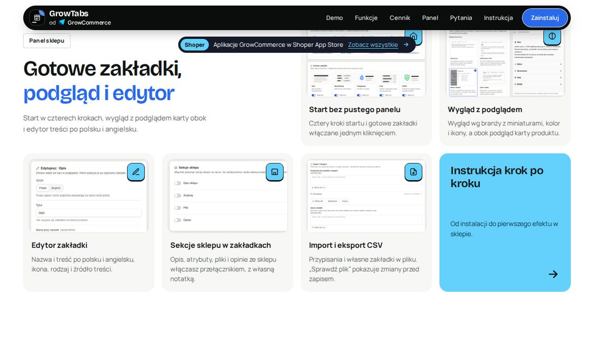 Panel GrowTabs — start w czterech krokach, wygląd z podglądem, edytor zakładki i import CSV