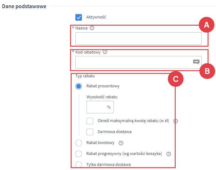 Formularz dodawania kodu rabatowego w panelu Shoper