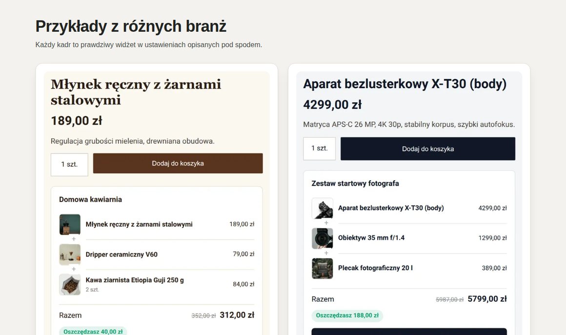 GrowBundle — przykłady zestawów z rabatem kwotowym i procentowym w sklepie Shoper