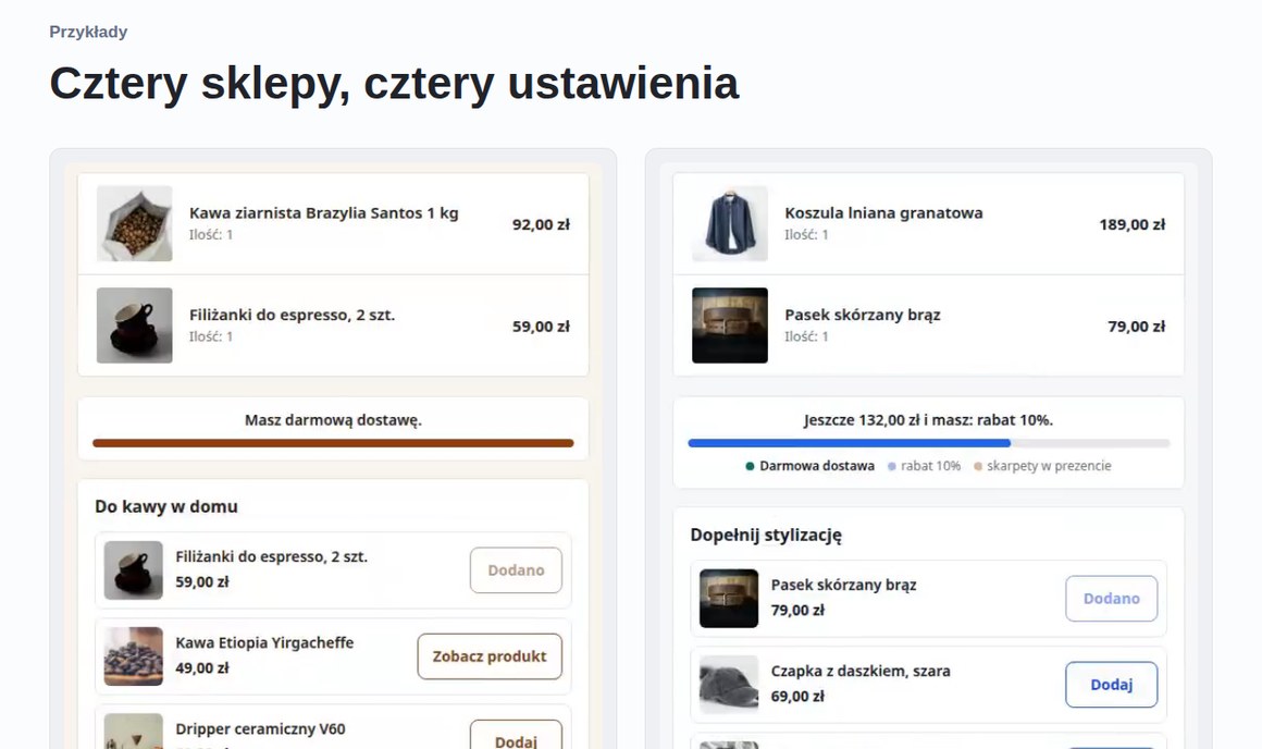 Landing GrowCart: cztery przykłady paska darmowej dostawy i produktów do dokupienia w koszyku Shoper