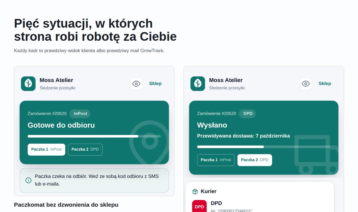 Landing GrowTrack: przykłady strony śledzenia paczki w sklepie Shoper — paczkomat, kilka paczek, problem z dostawą