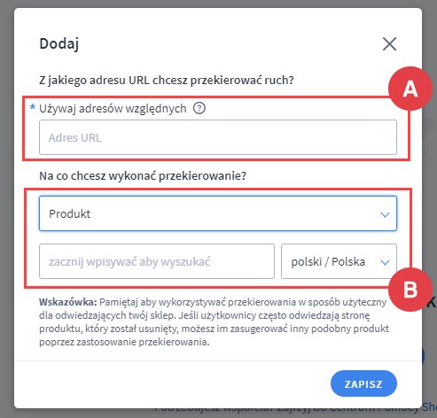 Formularz dodawania przekierowania 301 w panelu Shoper: adres źródłowy i cel