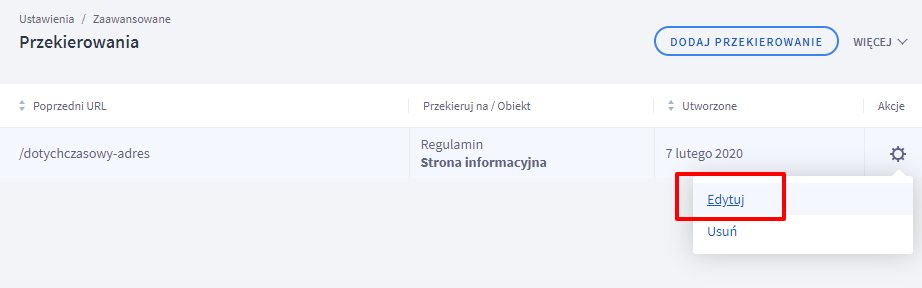 Lista przekierowań 301 w panelu administracyjnym Shoper z opcją edycji