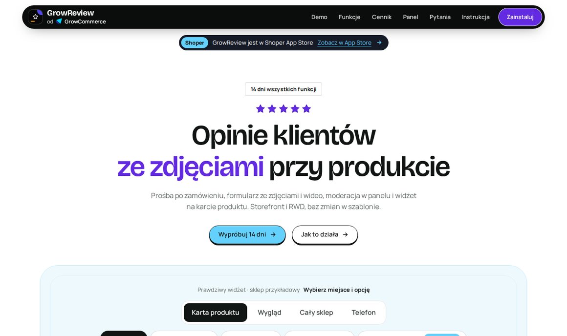 GrowReview w sklepie Shoper: prośba o opinię po zamówieniu, formularz ze zdjęciami i widżet opinii na karcie produktu