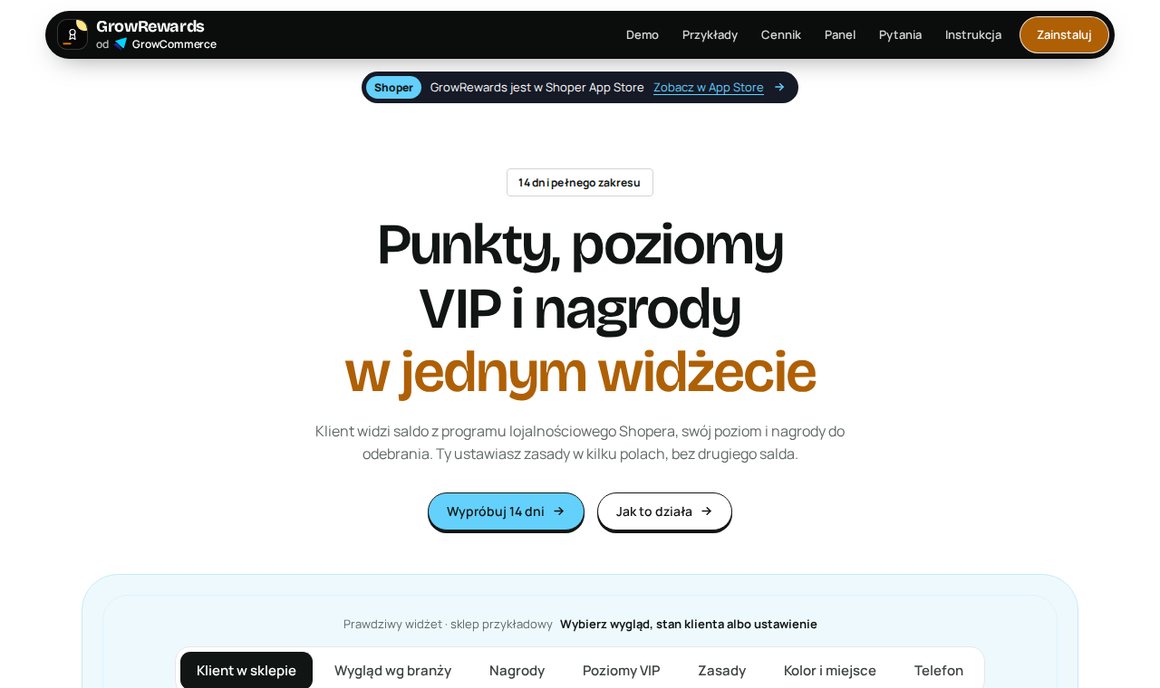 GrowRewards w sklepie Shoper: widżet z saldem punktów, poziomami VIP i nagrodami do odebrania