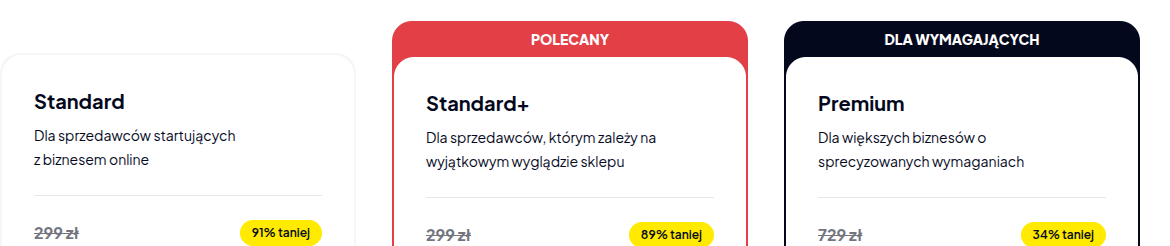 Oficjalny cennik pakietów Shoper — zrzut ekranu