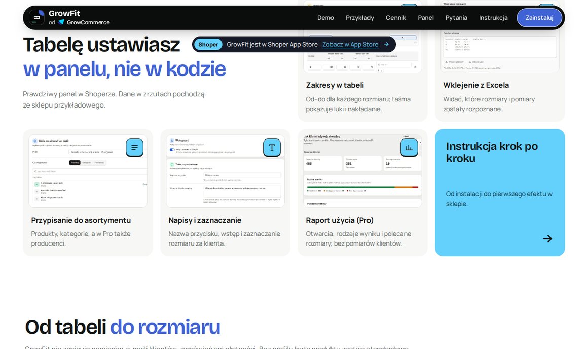 Panel GrowFit — zakresy w tabeli, wklejenie z Excela, przypisanie do asortymentu i raport użycia