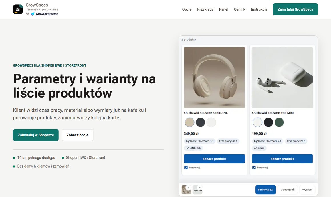 GrowSpecs dla Shoper RWD i Storefront: parametry i warianty widoczne na kafelkach listy produktów