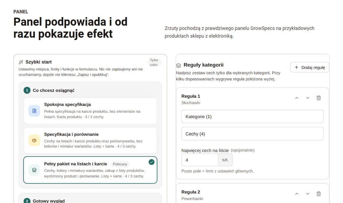 Panel GrowSpecs: wybór cech z Shopera, reguły dla kategorii i podgląd na żywo