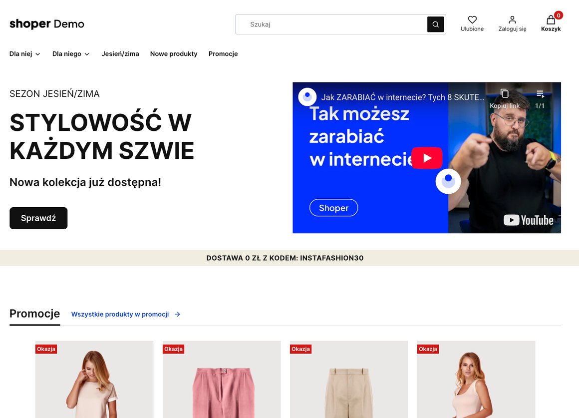 Moduł Video w szablonie Storefront na stronie sklepu Shoper