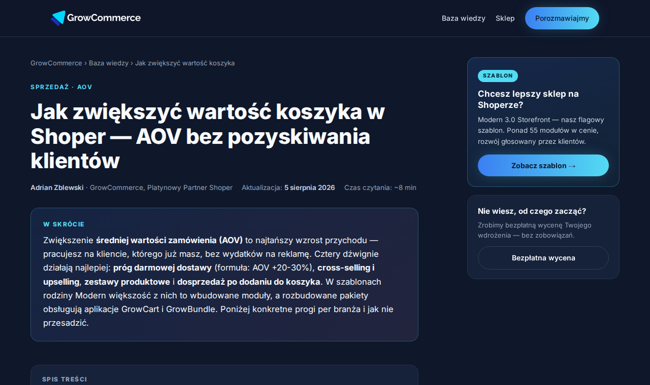 Poradnik AOV i wartości koszyka w sklepie Shoper — baza wiedzy GrowCommerce