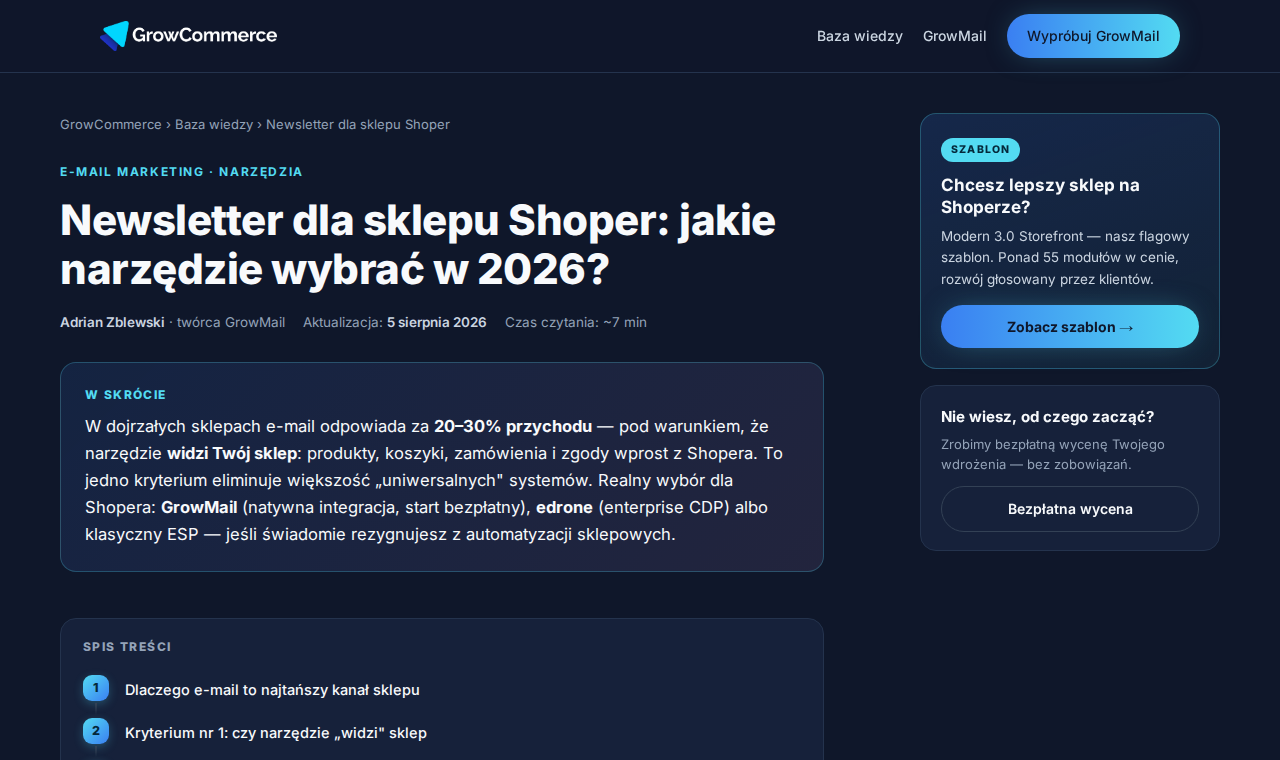 Poradnik newslettera dla sklepu Shoper w bazie wiedzy GrowCommerce