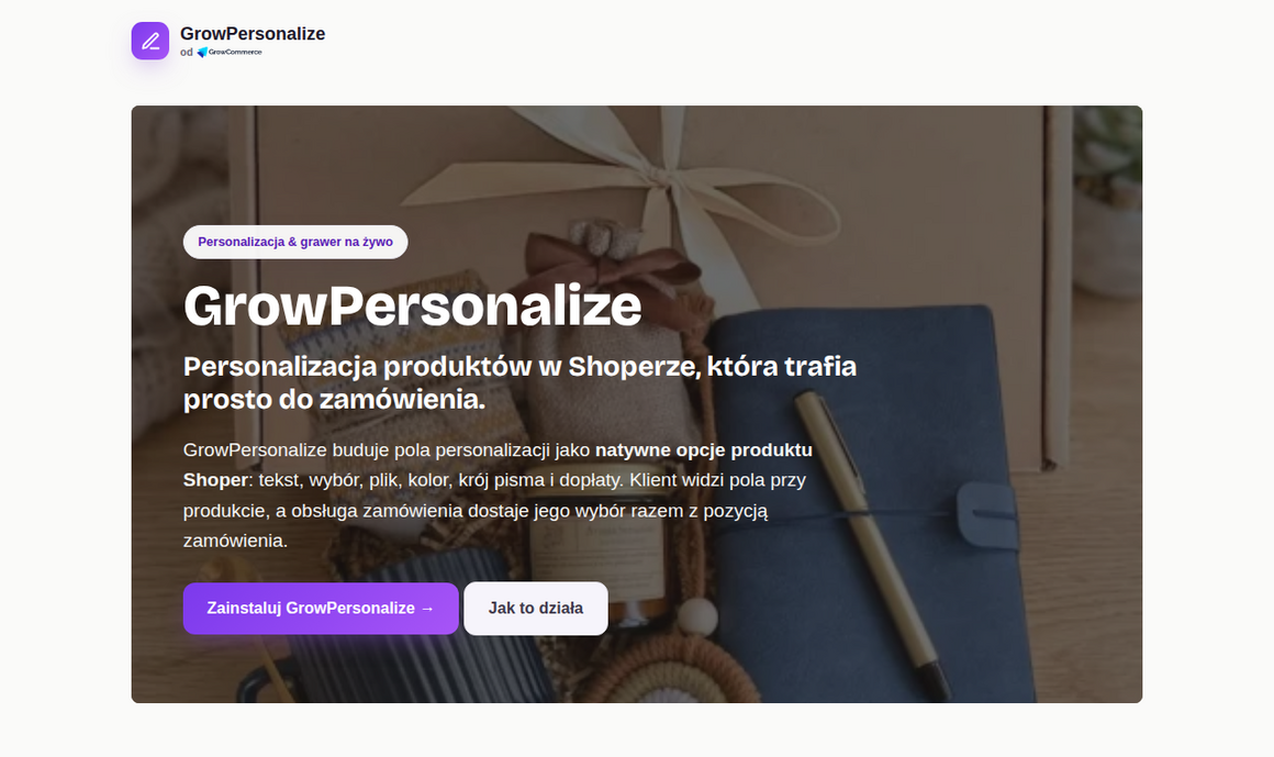 Landing GrowPersonalize — personalizacja produktów w Shoperze trafiająca do zamówienia