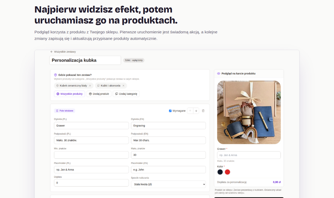 Kreator GrowPersonalize — edycja zestawu Personalizacja kubka z podglądem na karcie produktu