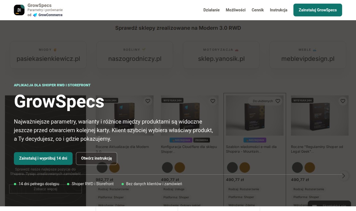 Landing GrowSpecs — parametry i porównanie produktów w sklepie Shoper