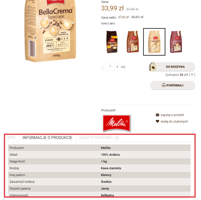 Atrybuty produktu w formie tabelki na karcie w sklepie Shoper