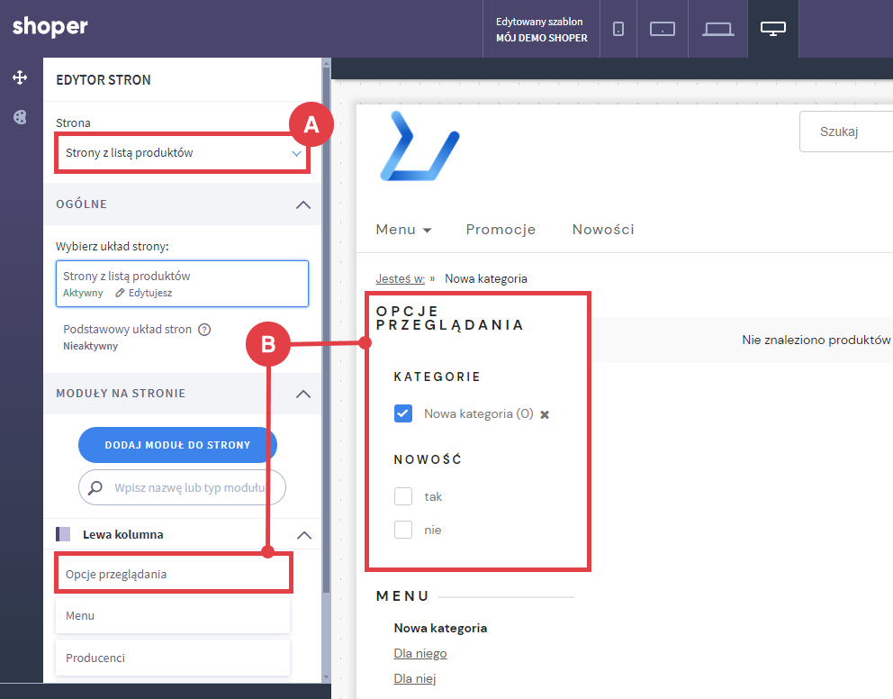 Shoper Visual Editor — włączanie modułu Opcje przeglądania na liście produktów