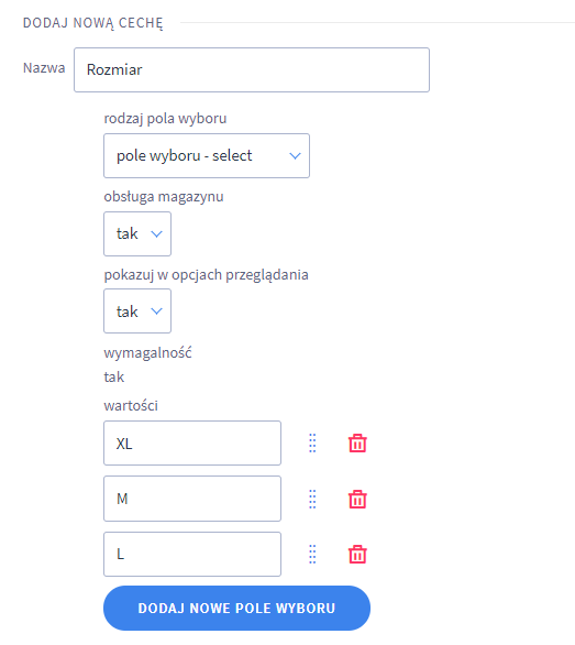 Panel Shoper — formularz dodawania zestawu wariantów