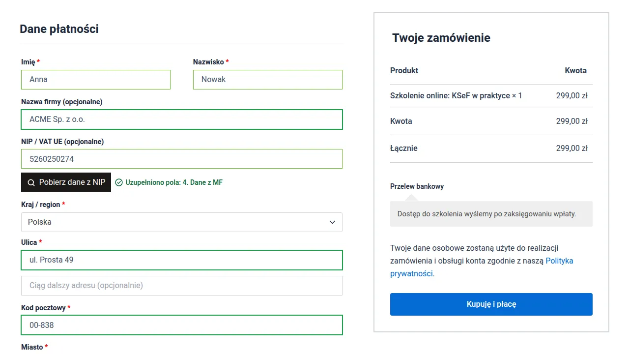 Formularz zamówienia w motywie Astra z danymi firmy uzupełnionymi z NIP.