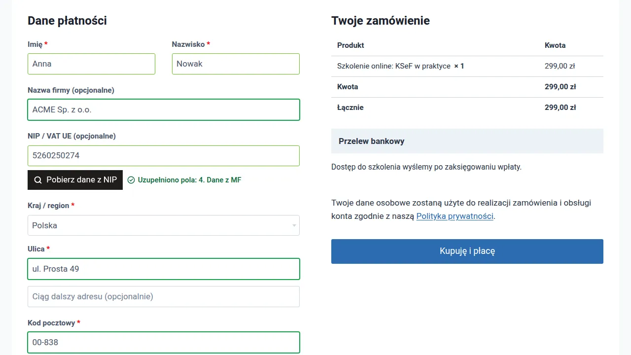 Formularz zamówienia w motywie Kadence z danymi firmy uzupełnionymi z NIP.