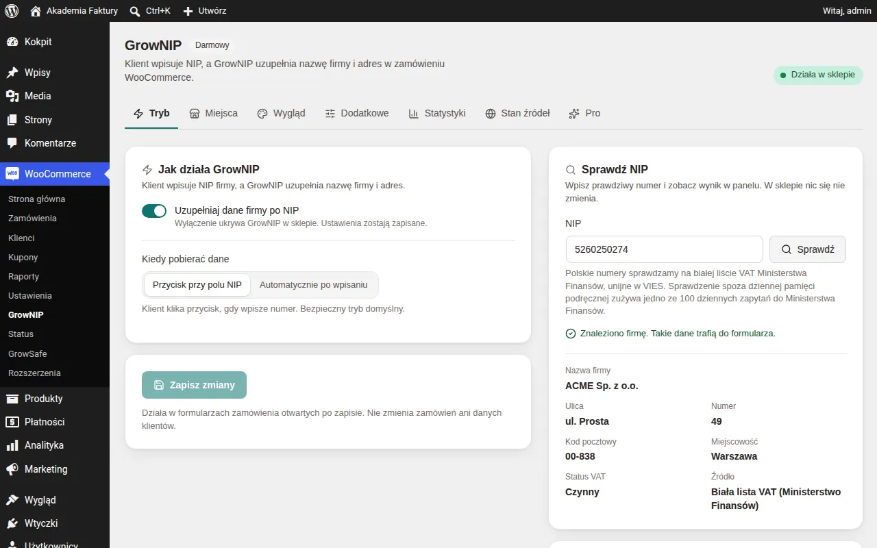 Ekran WooCommerce → GrowNIP: wynik sprawdzenia NIP z nazwą firmy, adresem i statusem VAT.