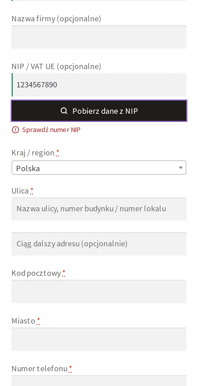 Komunikat Sprawdź numer NIP na telefonie.