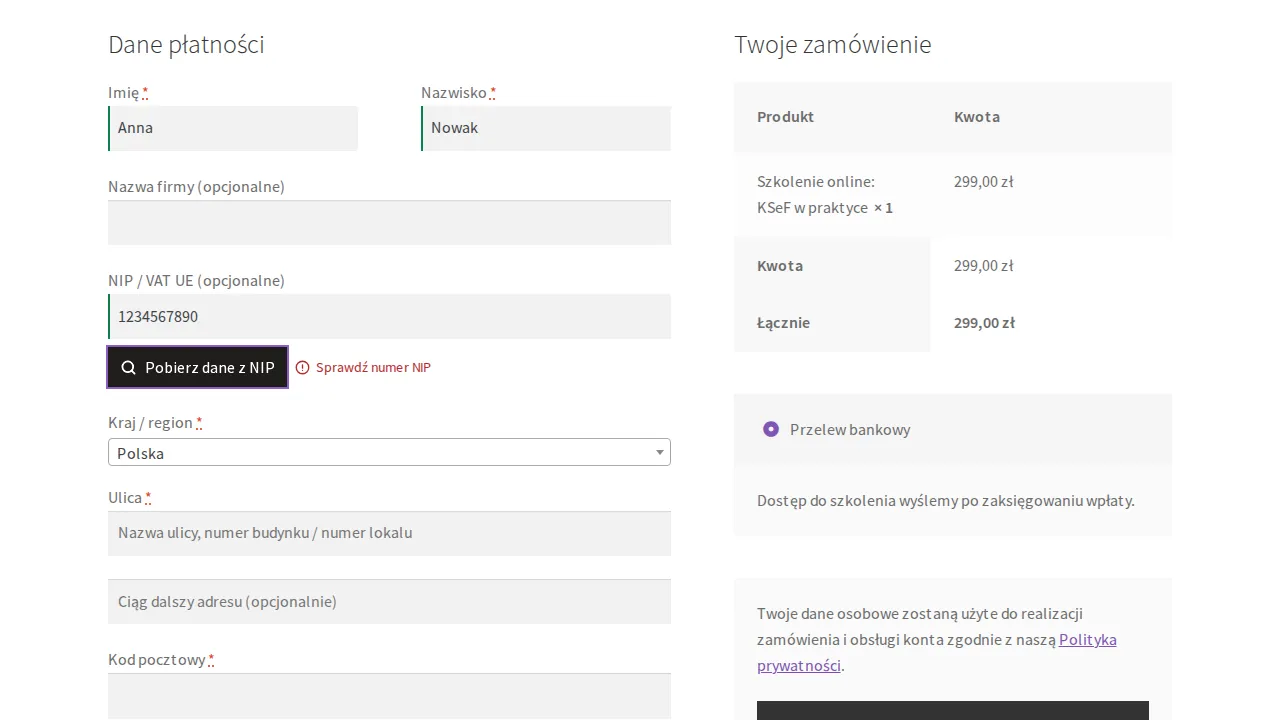 Komunikat Sprawdź numer NIP obok przycisku po wpisaniu numeru z błędną sumą kontrolną.