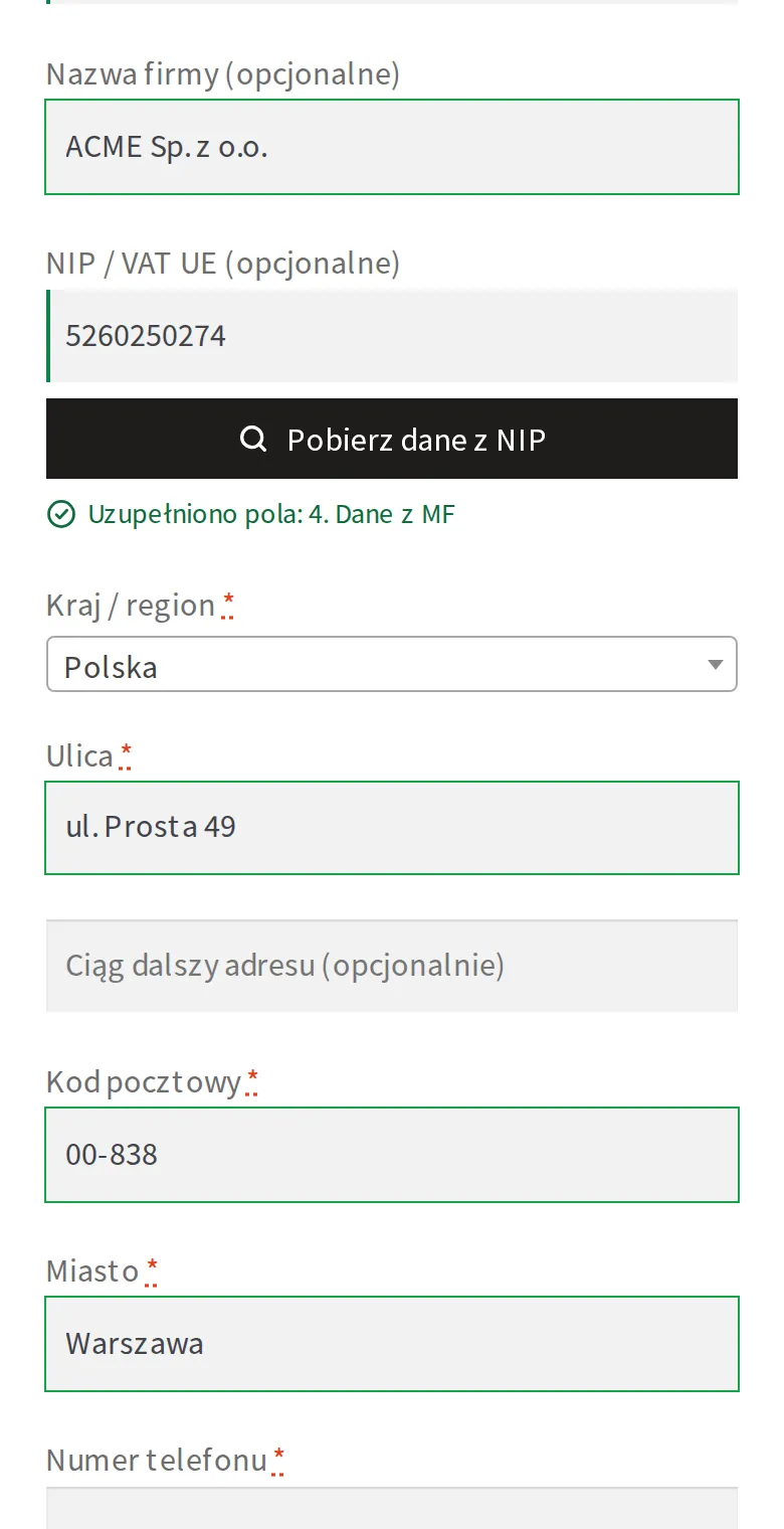 Zamówienie na telefonie w motywie Storefront z uzupełnionymi danymi firmy.