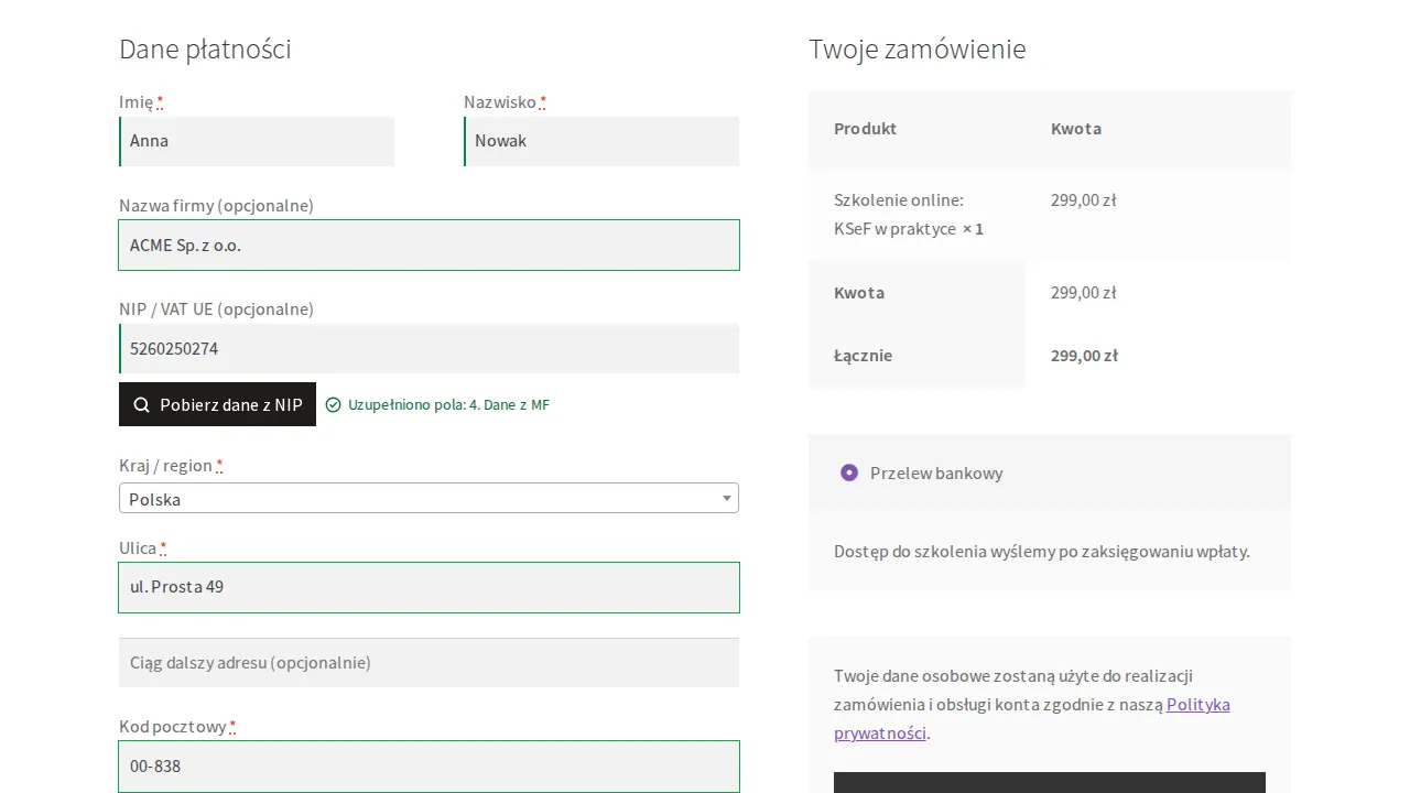 Formularz zamówienia w motywie Storefront: po kliknięciu Pobierz dane z NIP pola firmy i adresu są wypełnione i obramowane na zielono.