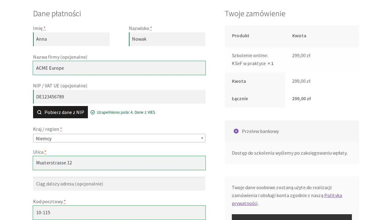 Formularz zamówienia z niemieckim numerem VAT: nazwa i adres firmy uzupełnione z VIES.