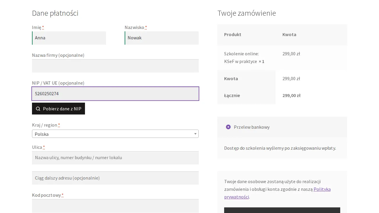 Formularz zamówienia w motywie Storefront z wpisanym NIP i przyciskiem Pobierz dane z NIP.