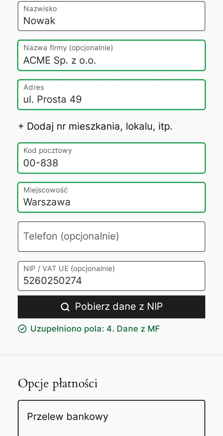 Zamówienie blokowe na telefonie z uzupełnionym adresem i komunikatem o źródle danych.